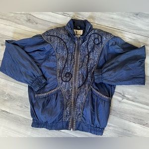 Vintage Y2K Windbreaker Jacket Size M / L Blue Breast‎ Pleating Gold Trim Retro